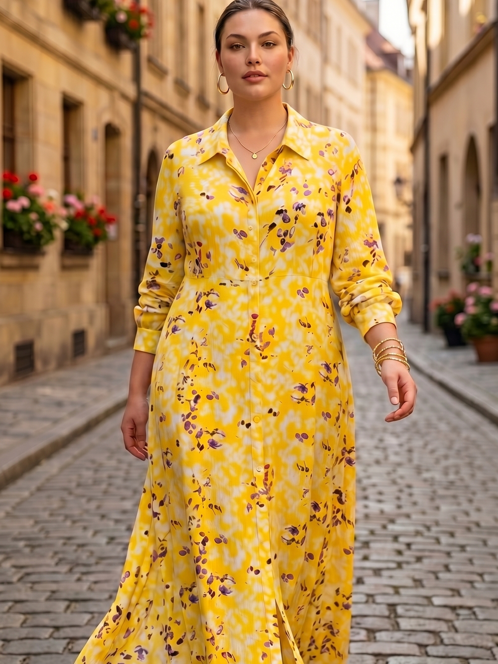 Woman Within Yellow Floral Maxi Crinkle Shirt Dress Preppy Size 16W